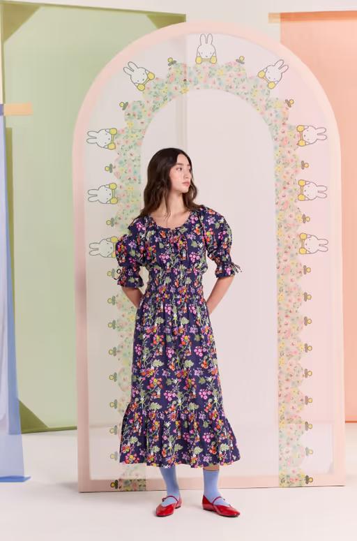 A woman wearing Cath Kidston cath kidston navy botanical poplin 100% cotton dress