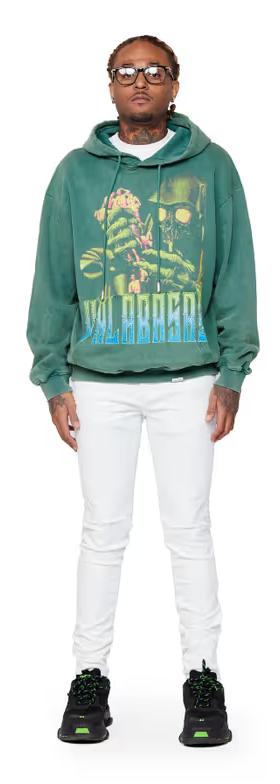 A man wearing Valabasas​ "Green reaper" washed field green hoodie