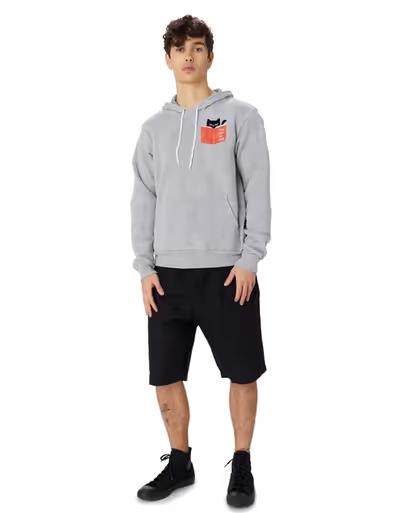 A man wearing Society6 cat reading book hoody