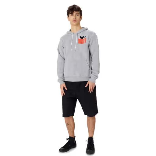 A man wearing Society6 cat reading book hoody