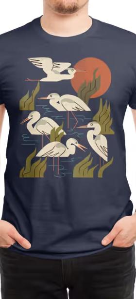 A man wearing Threadless five heron flock t-shirt