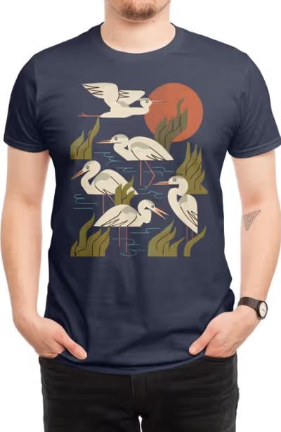 A man wearing Threadless five heron flock t-shirt