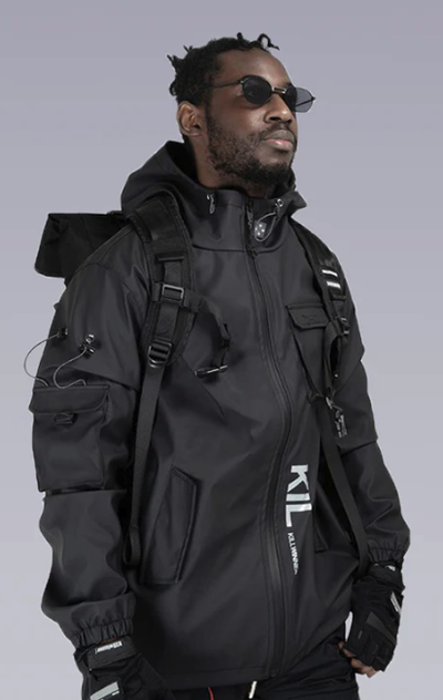 A man wearings an OFF-WRLD Techwear black jacket
