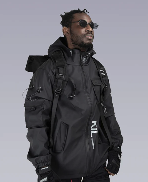 A man wearings an OFF-WRLD Techwear black jacket