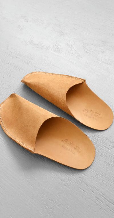 A close-up of a pair of CP Leather Slippers