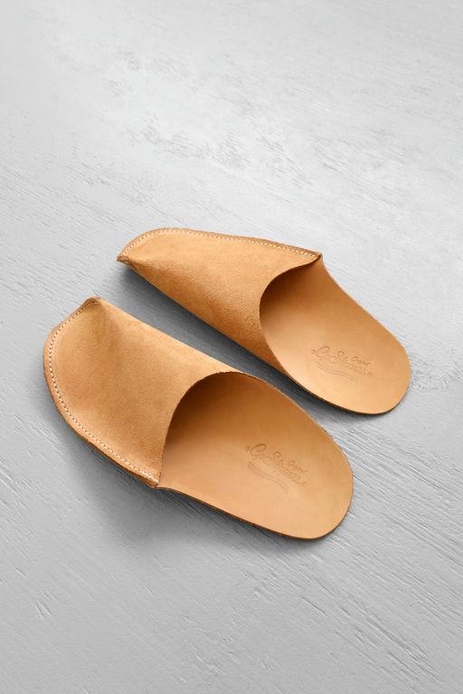 A close-up of a pair of CP Leather Slippers