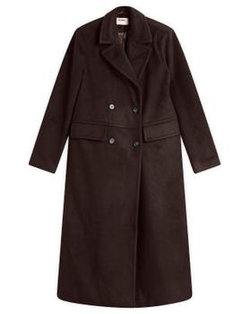 A long dark brown double-breasted wool coat by 4th & Reckless