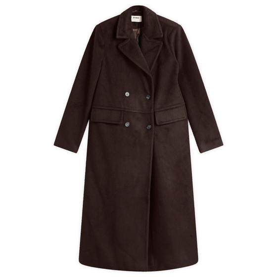 A long dark brown double-breasted wool coat by 4th & Reckless