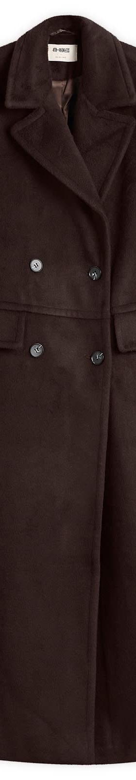 A long dark brown double-breasted wool coat by 4th & Reckless