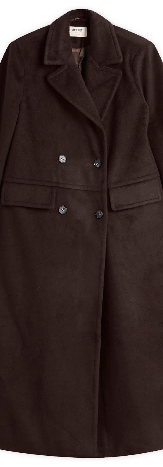 A long dark brown double-breasted wool coat by 4th & Reckless