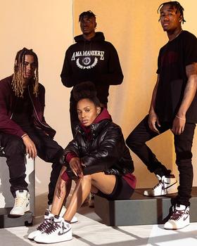 A group wearing A Ma Maniére hoodies, leather jackets and sneakers