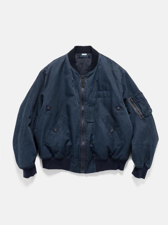 A navy A.PRESSE MA-1 style flight jacket with faded cotton shell and ribbed collar