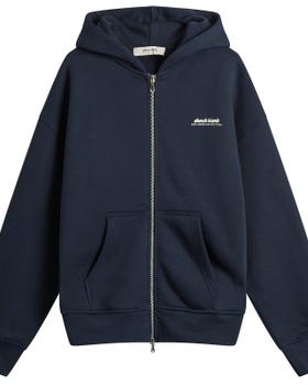 A navy about:blank zip-through hooded sweatshirt on a plain white background