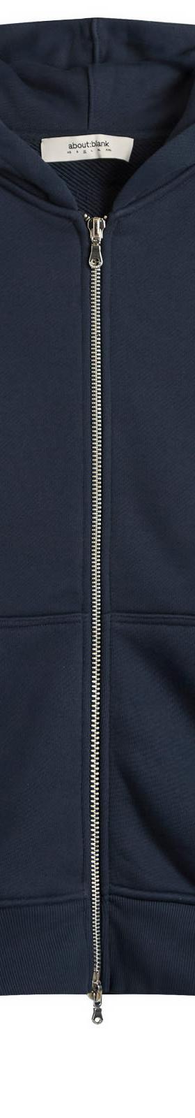 A navy about:blank zip-through hooded sweatshirt on a plain white background