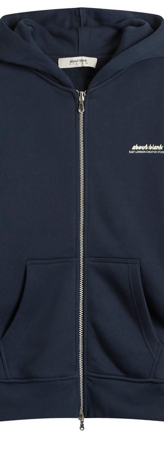 A navy about:blank zip-through hooded sweatshirt on a plain white background