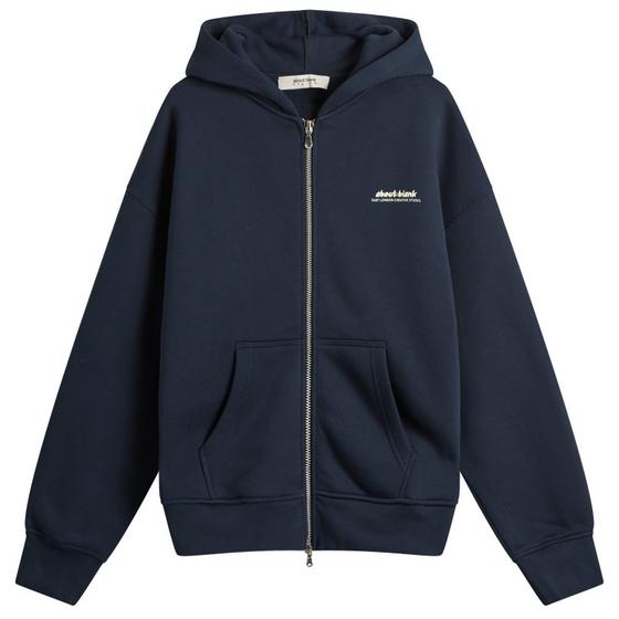 A navy about:blank zip-through hooded sweatshirt on a plain white background