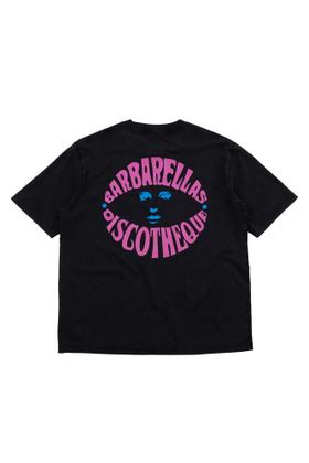 A black ACMH by Magic Castles t-shirt with a pink and blue psychedelic Barbarellas Discotheque print