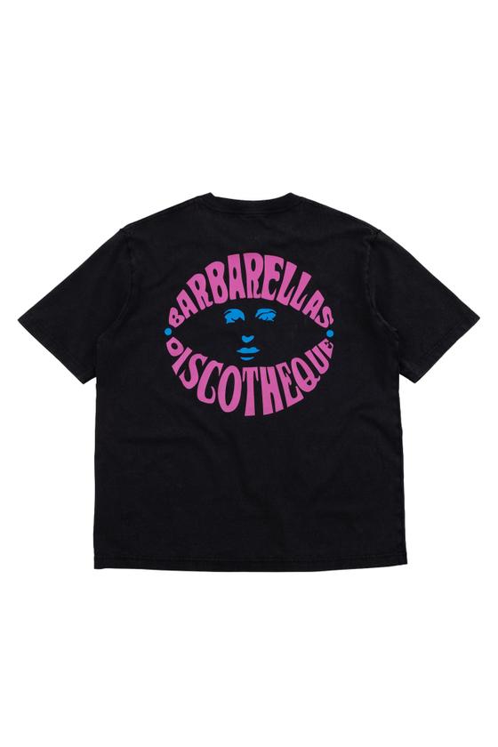 A black ACMH by Magic Castles t-shirt with a pink and blue psychedelic Barbarellas Discotheque print