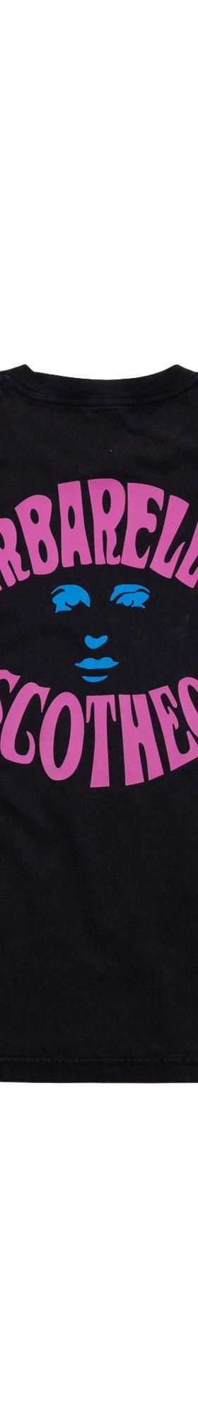 A black ACMH by Magic Castles t-shirt with a pink and blue psychedelic Barbarellas Discotheque print
