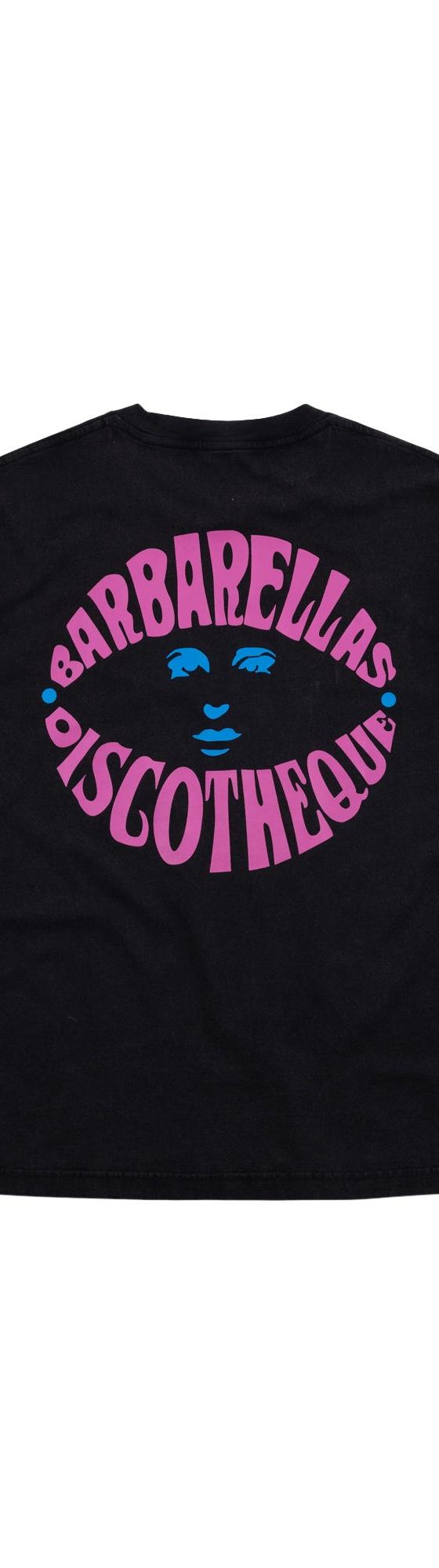 A black ACMH by Magic Castles t-shirt with a pink and blue psychedelic Barbarellas Discotheque print
