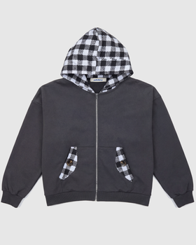 A grey Advisry zip-up hoodie with black and white gingham-lined hood and contrast pocket trims
