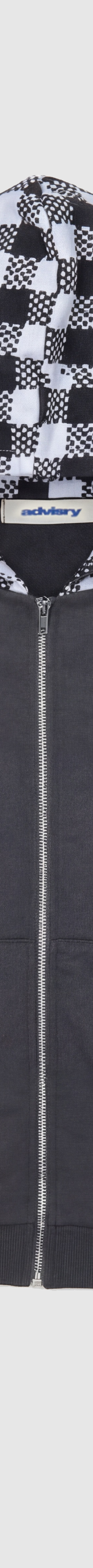 A grey Advisry zip-up hoodie with black and white gingham-lined hood and contrast pocket trims