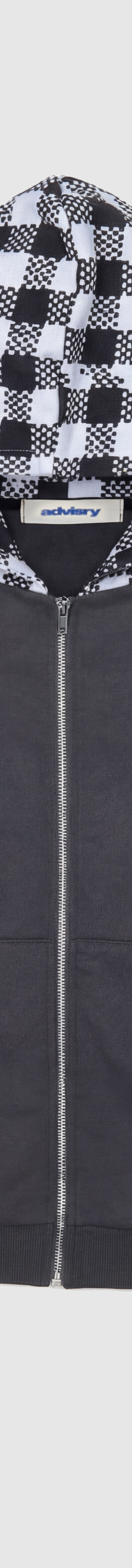 A grey Advisry zip-up hoodie with black and white gingham-lined hood and contrast pocket trims