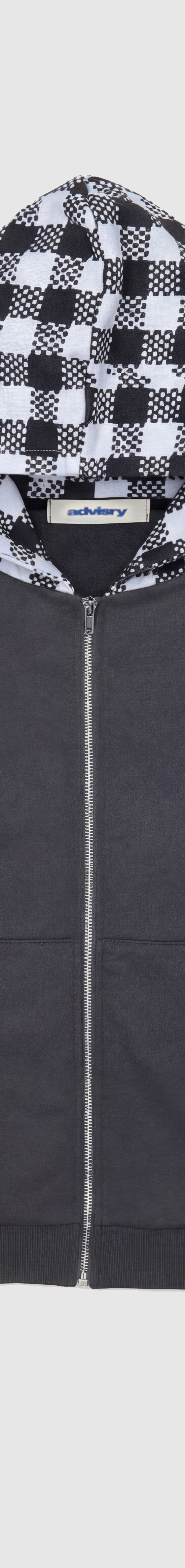 A grey Advisry zip-up hoodie with black and white gingham-lined hood and contrast pocket trims