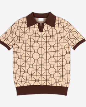 A cream and brown lattice-patterned AKASHI-KAMA knit polo shirt on a plain background