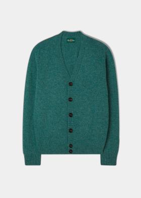 A teal green Alan Paine lambswool cardigan with V-neck and horn buttons on a plain background