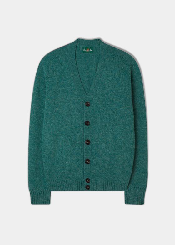 A teal green Alan Paine lambswool cardigan with V-neck and horn buttons on a plain background