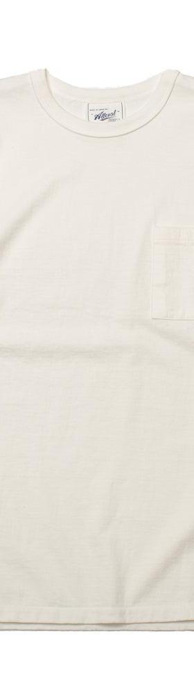 An off-white Allevol long-sleeve pocket T-shirt on a plain background