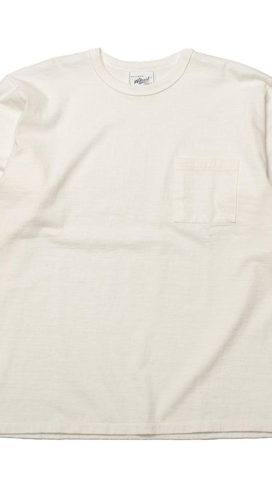 An off-white Allevol long-sleeve pocket T-shirt on a plain background