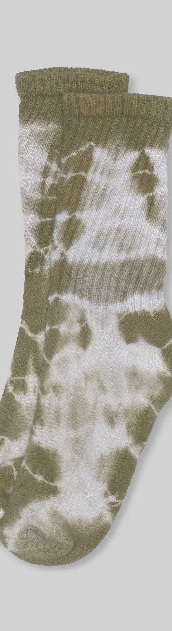 A pair of olive and cream tie-dye American Trench mill-knit crew socks on a plain grey background