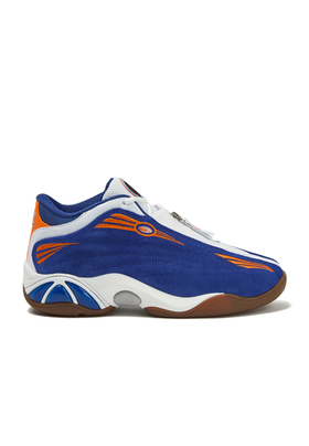 A blue, white and orange AND1 suede basketball sneaker with gum sole