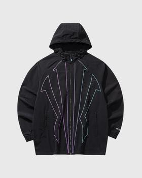 A black Anta hooded windbreaker jacket with iridescent outlined graphics on a plain grey background