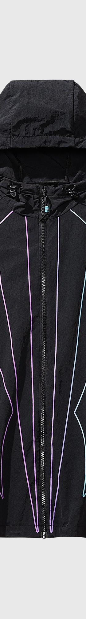 A black Anta hooded windbreaker jacket with iridescent outlined graphics on a plain grey background