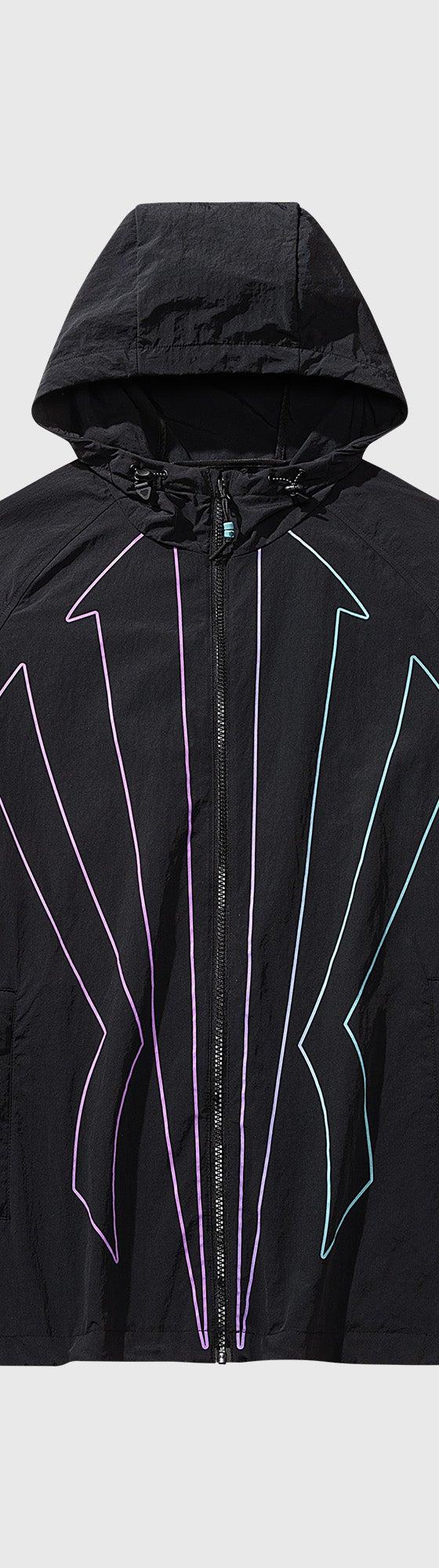 A black Anta hooded windbreaker jacket with iridescent outlined graphics on a plain grey background
