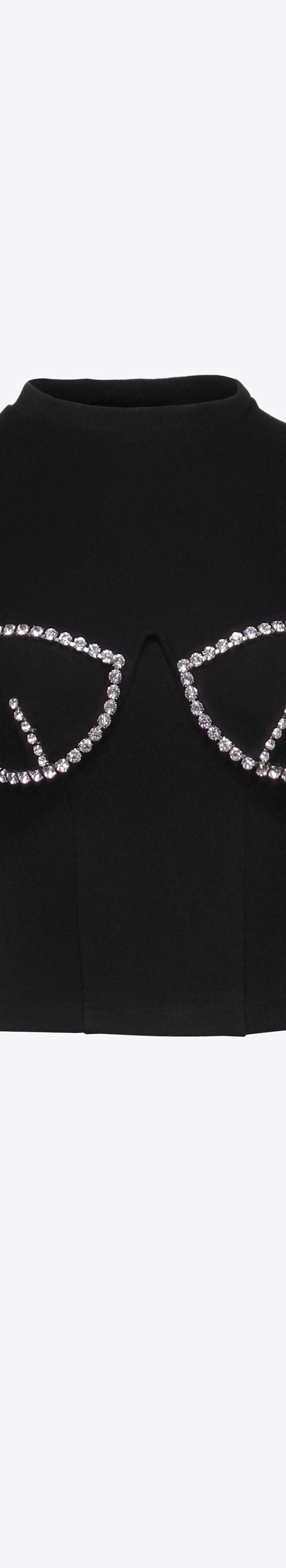 A black AREA crop top with crystal-embellished bra-cup detailing