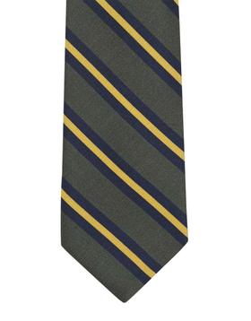 An Atkinsons Royal Irish Poplin olive tie with navy and gold repp stripes