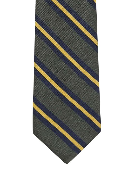 An Atkinsons Royal Irish Poplin olive tie with navy and gold repp stripes