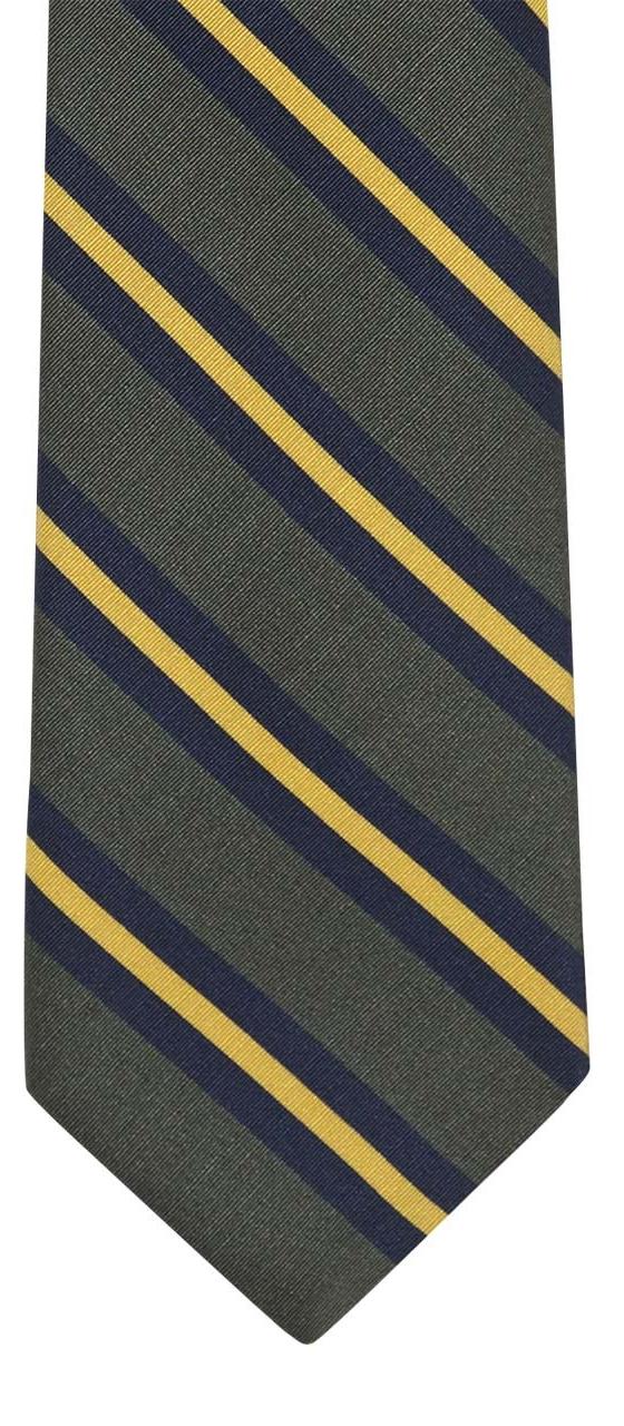 An Atkinsons Royal Irish Poplin olive tie with navy and gold repp stripes