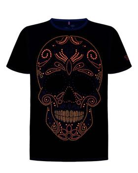 A black ¡Ay Güey! men's T-shirt with a beaded sugar-skull design