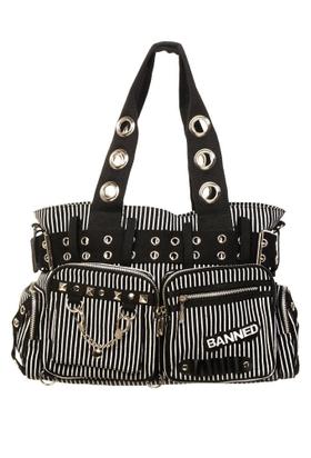 Banned Alternative black and white striped studded handbag