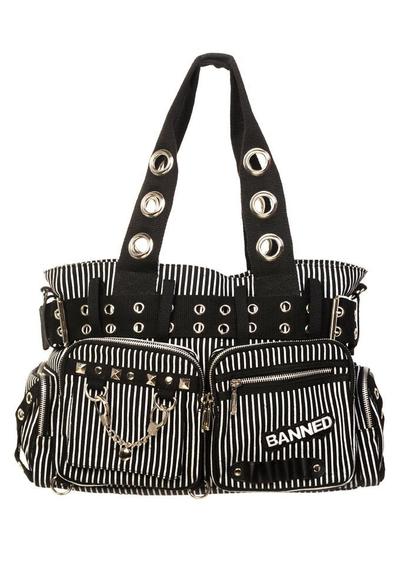 Banned Alternative black and white striped studded handbag