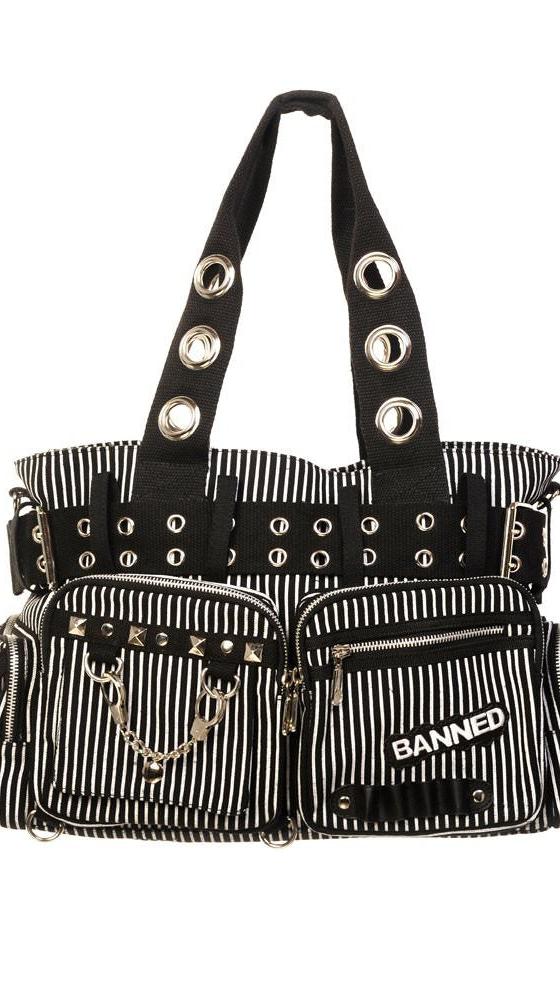 Banned Alternative black and white striped studded handbag