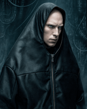 A man wearing a black oversized hooded BatNorton jacket