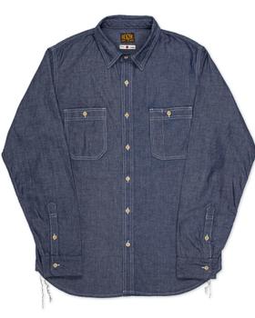 A raw indigo Benzak Denim Developers chambray work shirt on a plain white background