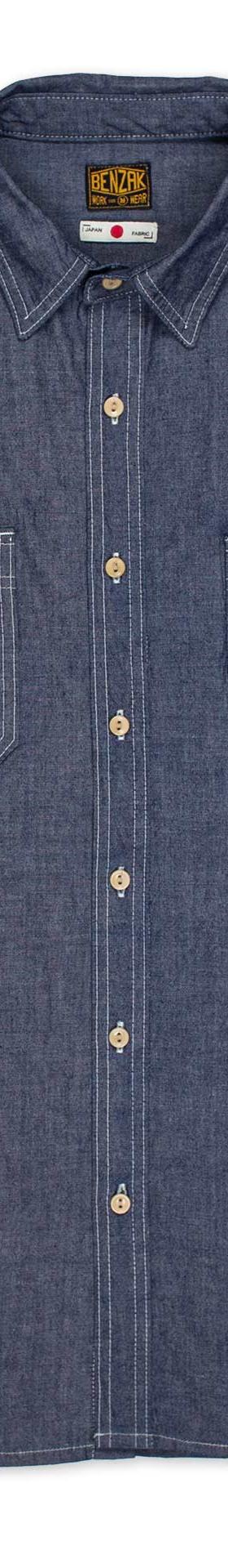 A raw indigo Benzak Denim Developers chambray work shirt on a plain white background