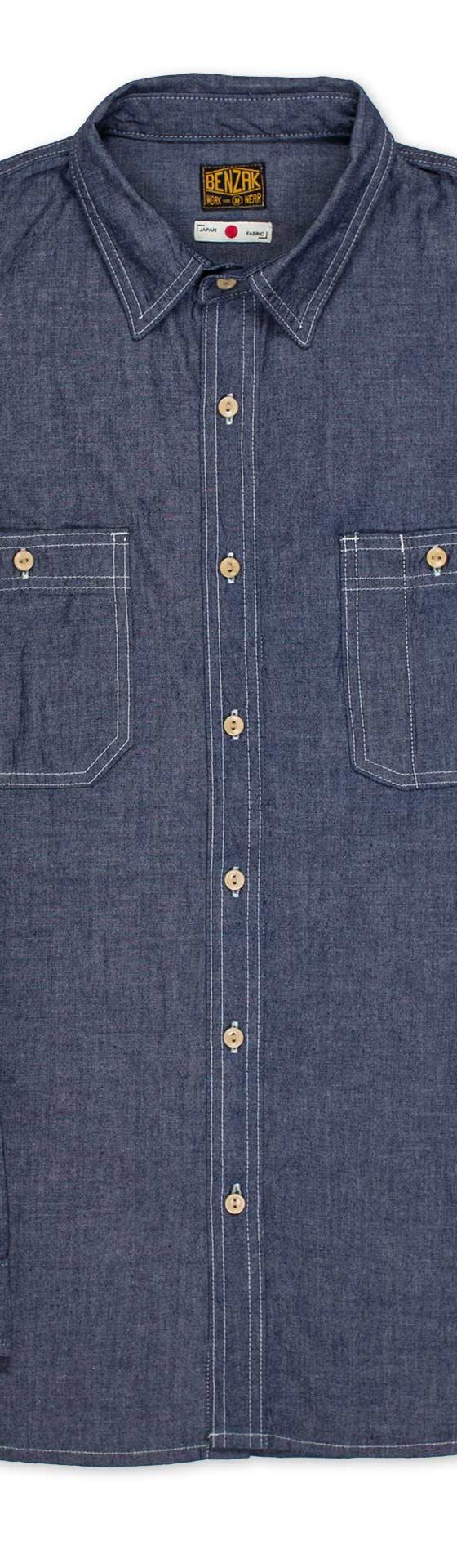 A raw indigo Benzak Denim Developers chambray work shirt on a plain white background
